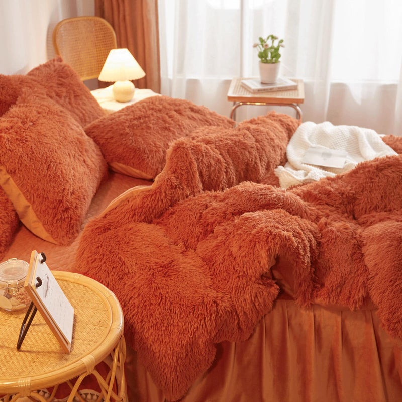 HAIHUA أشعث برتقالي محروق غطاء لحاف الملكة مجموعة ناعمة قطيفة غامضة برتقالية محروقة الفراش الملكة مجموعة 3 قطع (1 غطاء لحاف فروي + 2 كيس وسادة رقيق) فو الفراء طقم سرير إغلاق سحاب - Image 4